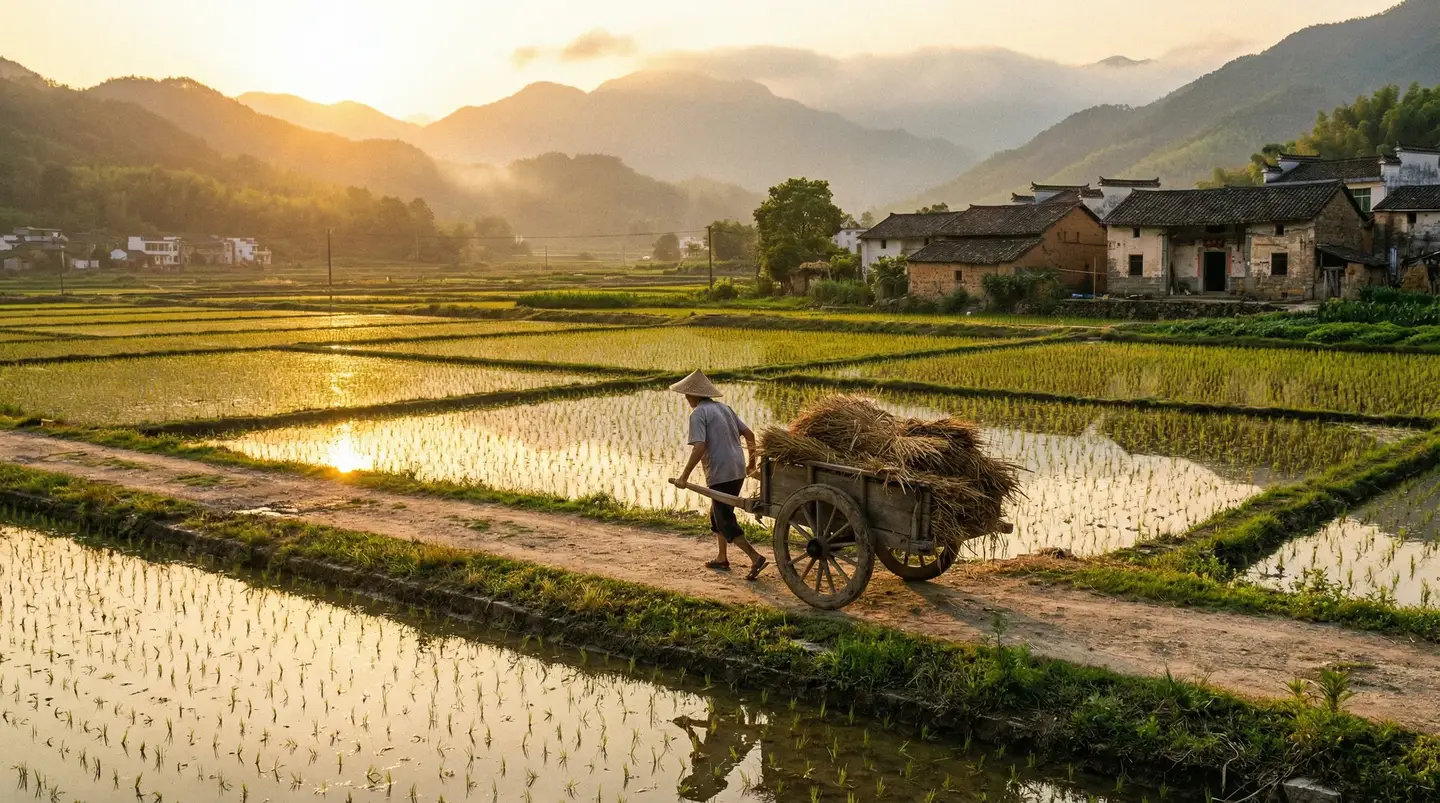 韩国电影在线观看高清观看 - 金色夕阳下的乡村田野，老农推着木车行走在田埂上
