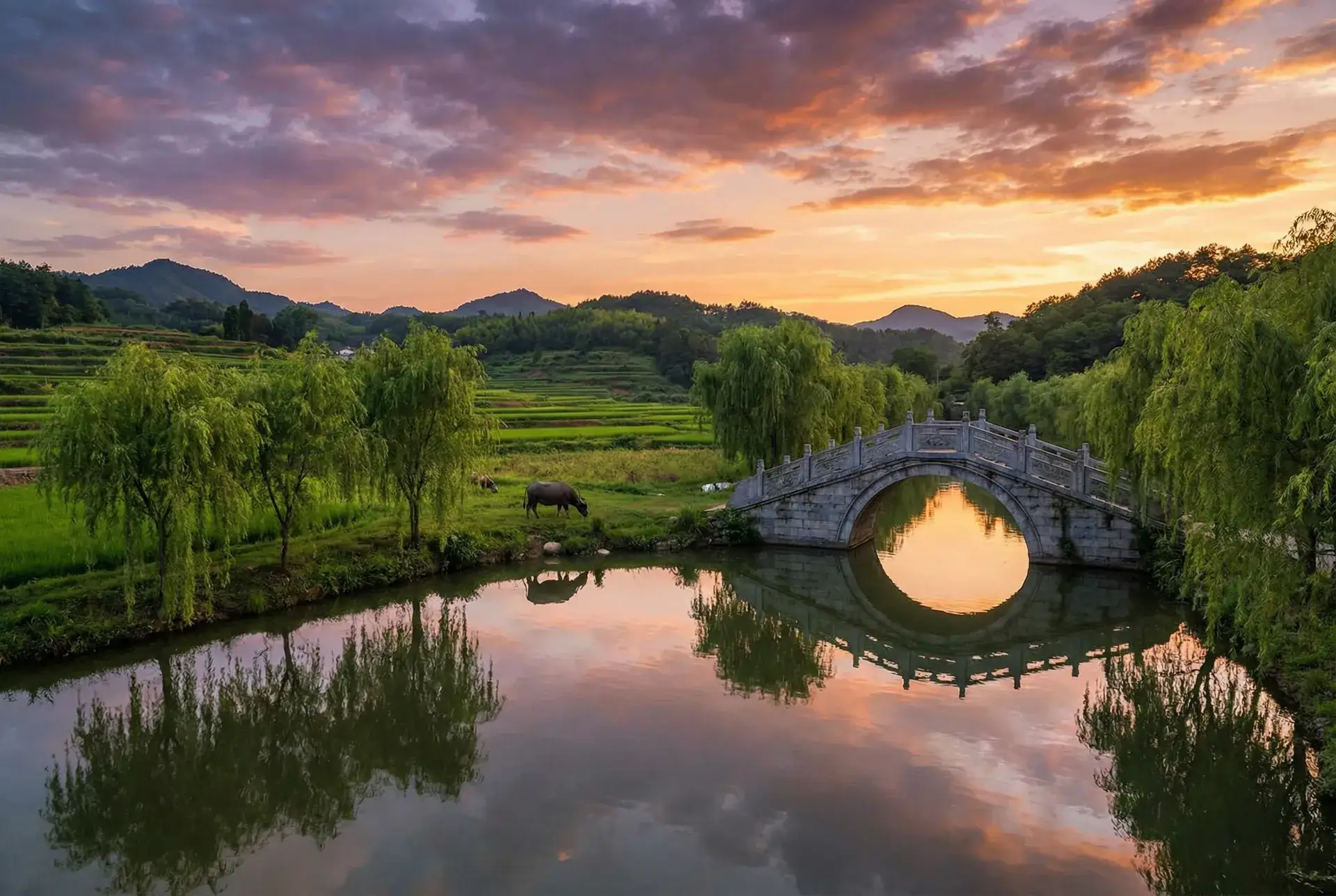 夕阳下的石拱桥与垂柳，水牛在河边吃草 - 韩国电影在线观看高清观看 乡村美景